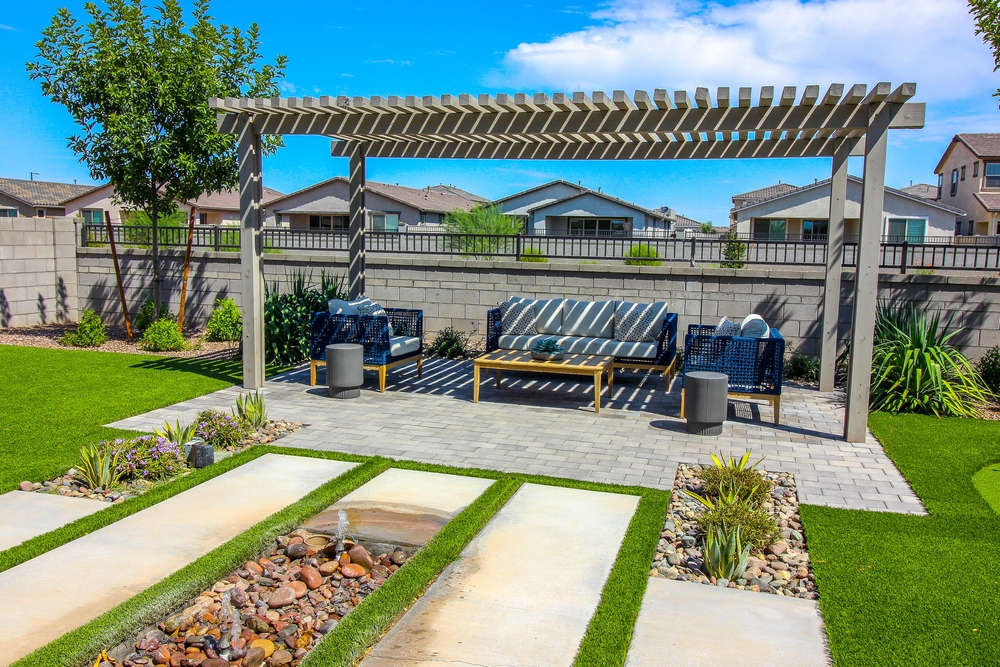 Rear,Yard,Lattice,Pergola,With,Wicker,Patio,Furniture