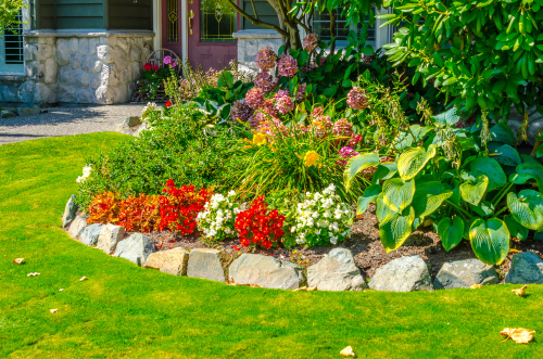 Landscape,Design.,Flowers,,Nicely,Trimmed,Bushes,And,Stones,In,Front